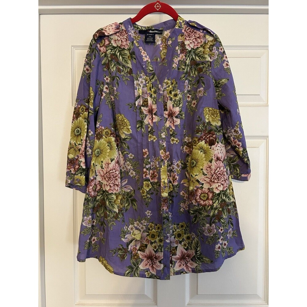 Denim 24/7 100% Cotton Pintuck Top Plus Size 12W Purple Floral Cottage Core